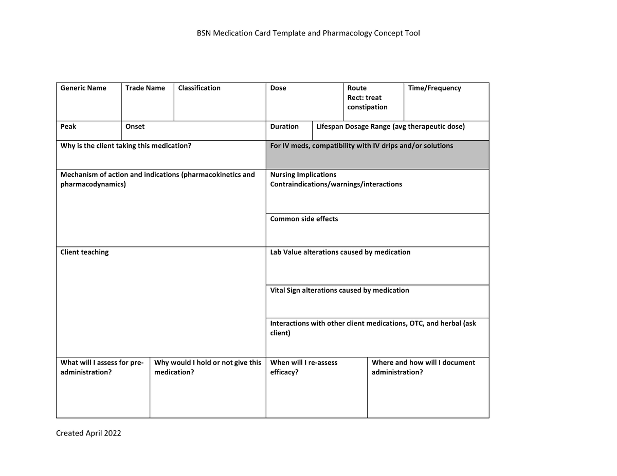 Blank Medication Card Template BSN Medication Card Template And 