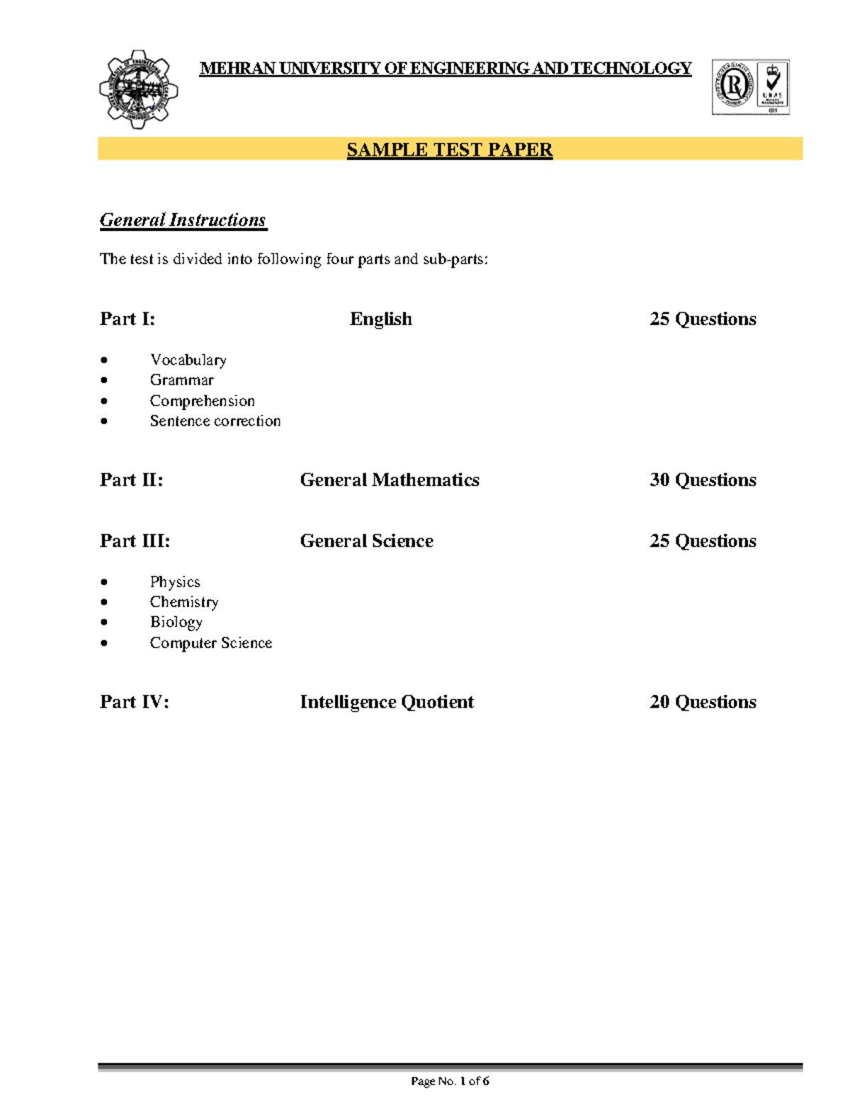 Sample Test Paper -BS-Program - MEHRAN UNIVERSITY OF ENGINEERING AND ...