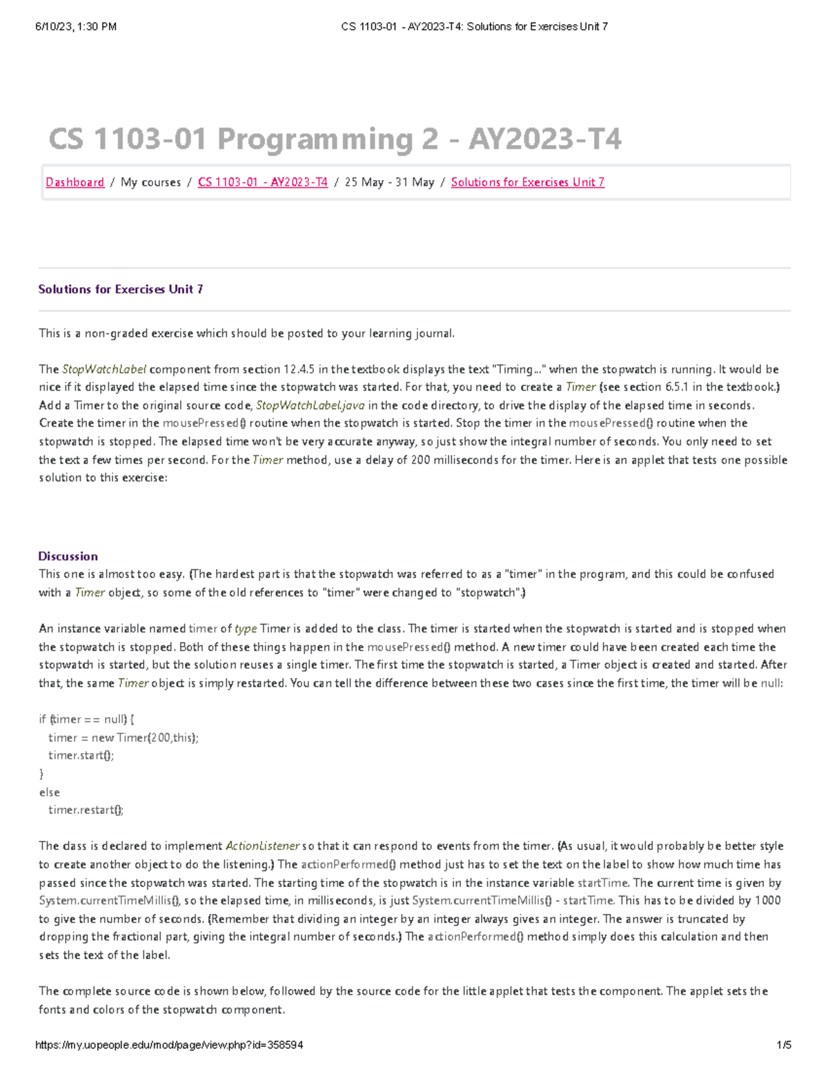 CS 1103-01 - AY2023-T4 Solutions For Exercises Unit 7 - CS 1103-01 ...