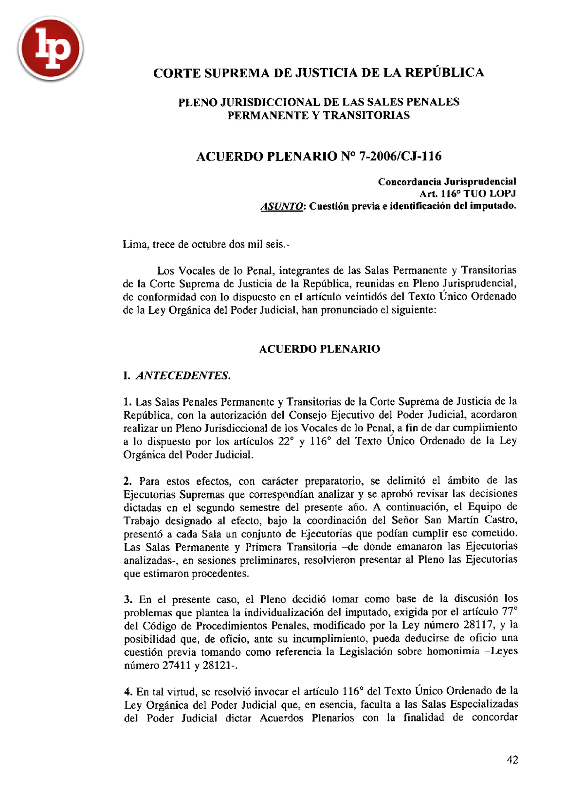 Acuerdo Plenario 7 2006 CJ 116 - Derecho Procesal Penal - Studocu