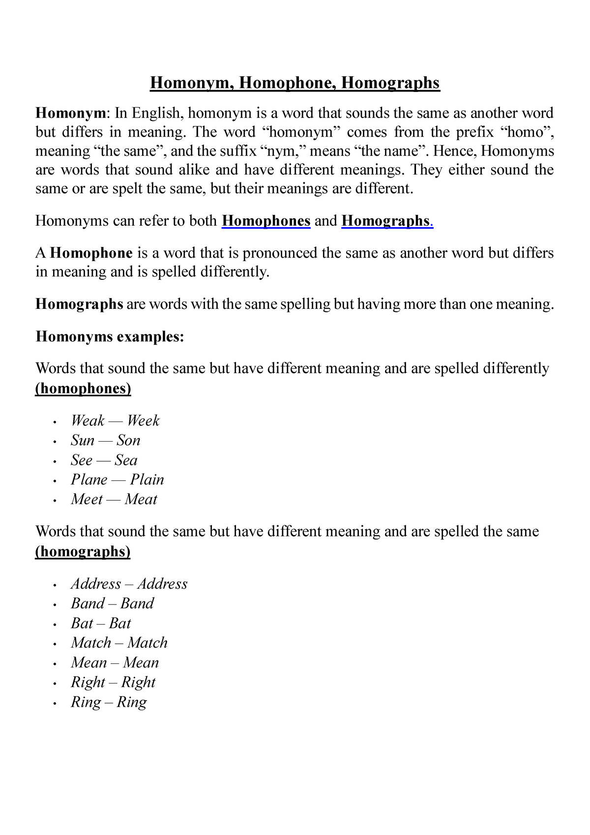 Homophone -Explanation - Homonym, Homophone, Homographs Homonym: In ...