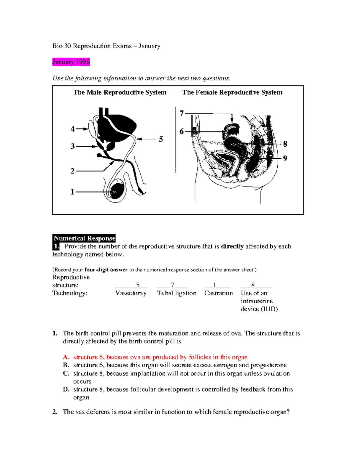 Reproduction and Development Practice Questions KEY - Bio 30 ...