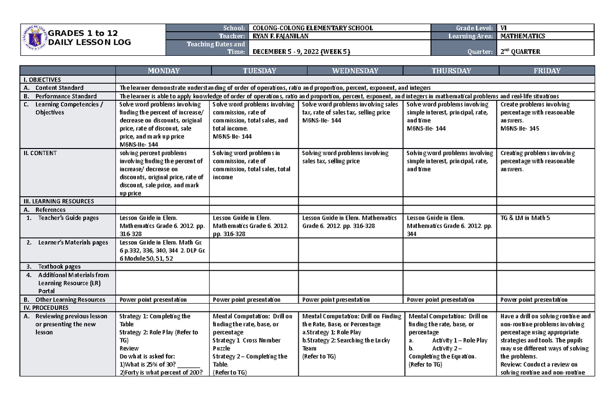 DLL Mathematics 6 Q2 W5 - Daily Lesson Log - GRADES 1 to 12 DAILY ...