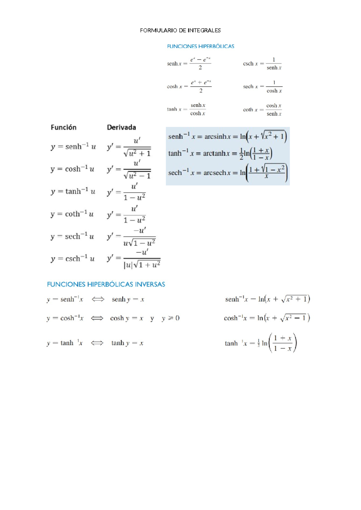 Formulario DE Integrales - CALCULO INTEGRAL - FORMULARIO DE INTEGRALES ...