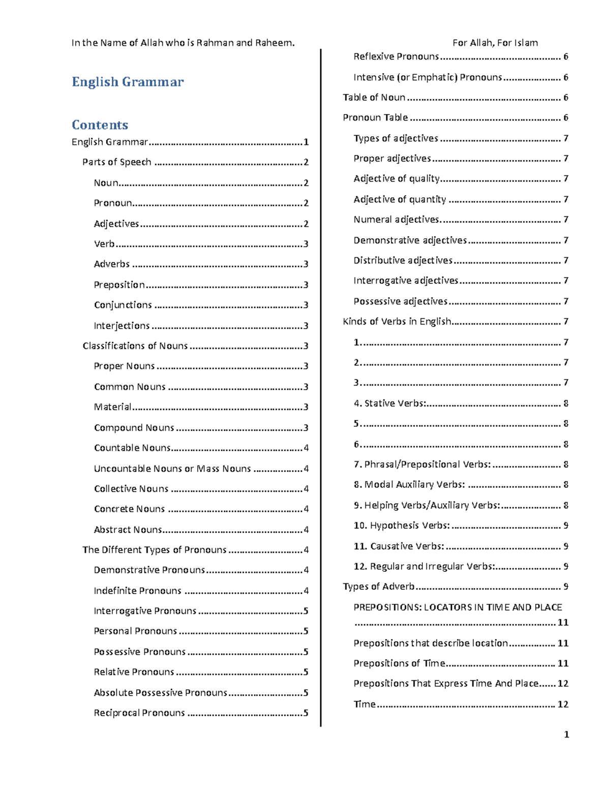 English Grammar Notes - In the Name of Allah who is Rahman and Raheem ...