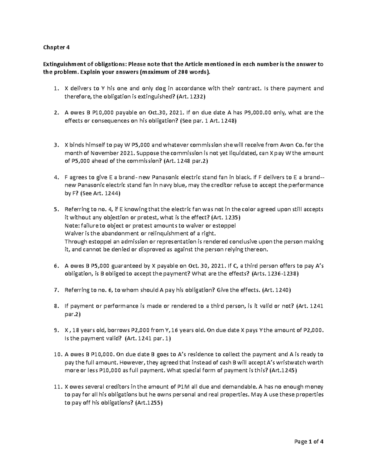 Chapter 4 - Extinguishment Of Obligations (Discussion) - Chapter 4 ...