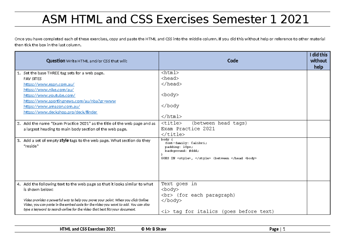 Cheat Sheet - ASM HTML and CSS Exercises Semester 1 2021 Once you have ...