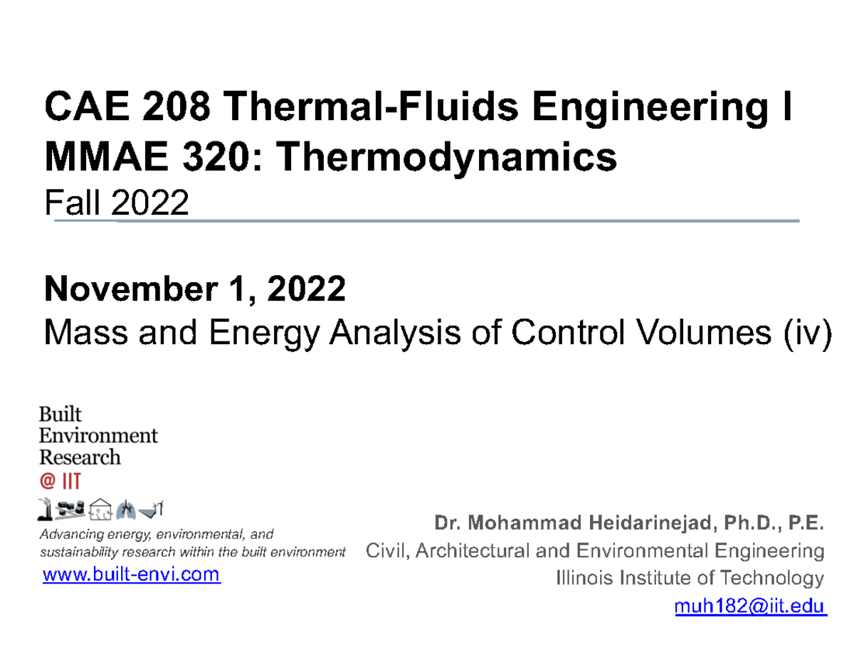 Cae208 mmae 320 f22 lecture 21 Mass and Energy Analysis of Control ...