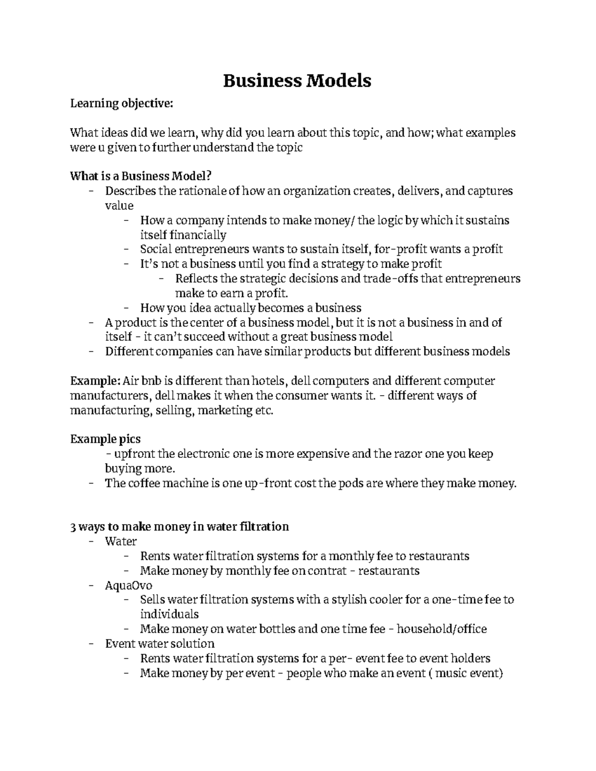 Business Models - lecture notes - Business Models **Learning objectiƑe ...