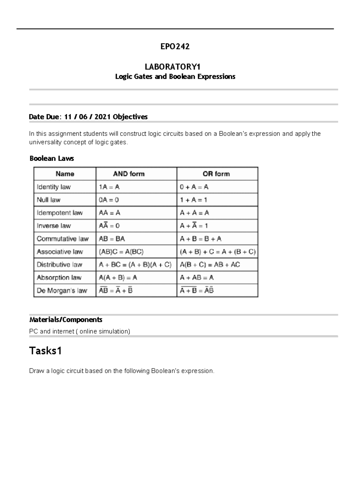 LAB 1 EPO 242 Logic Gates Simulation - EPO LABORATORY Logic Gates And ...