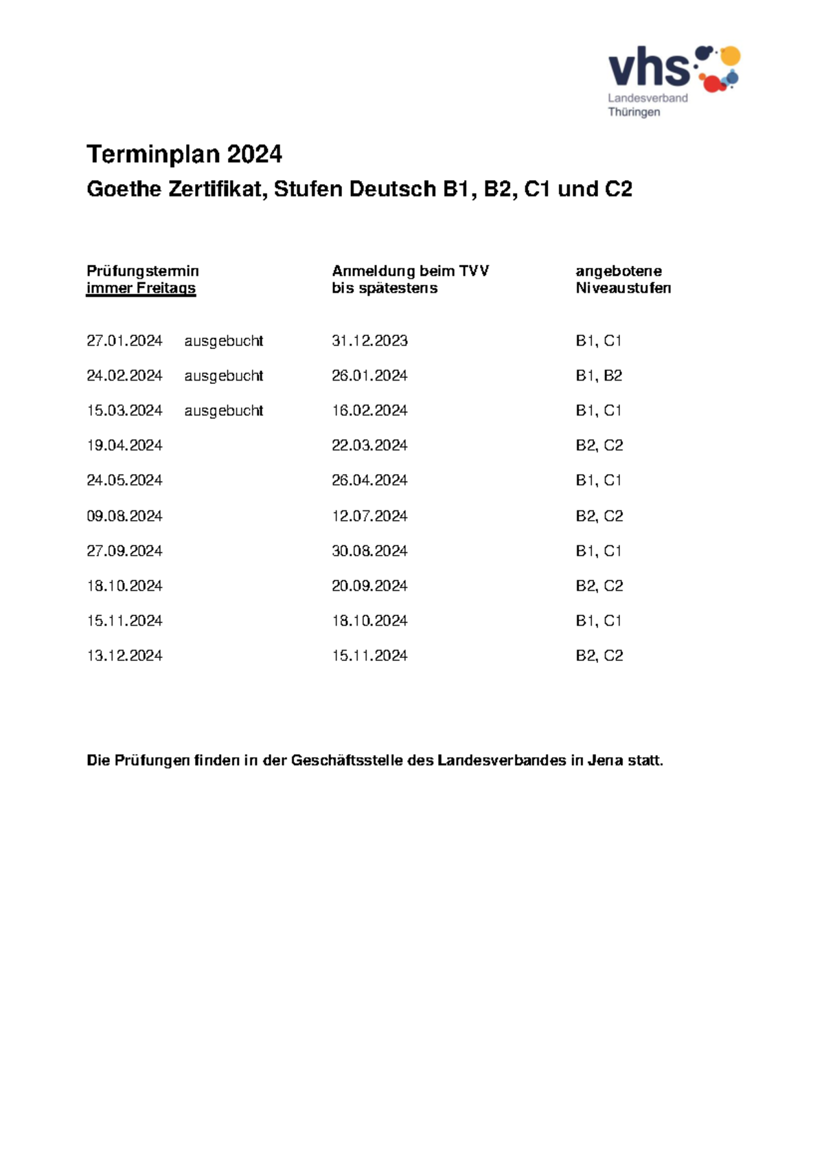 Goethe Terminplan 2024 - GERM 2302 - Prüfungstermin Anmeldung beim TVV ...