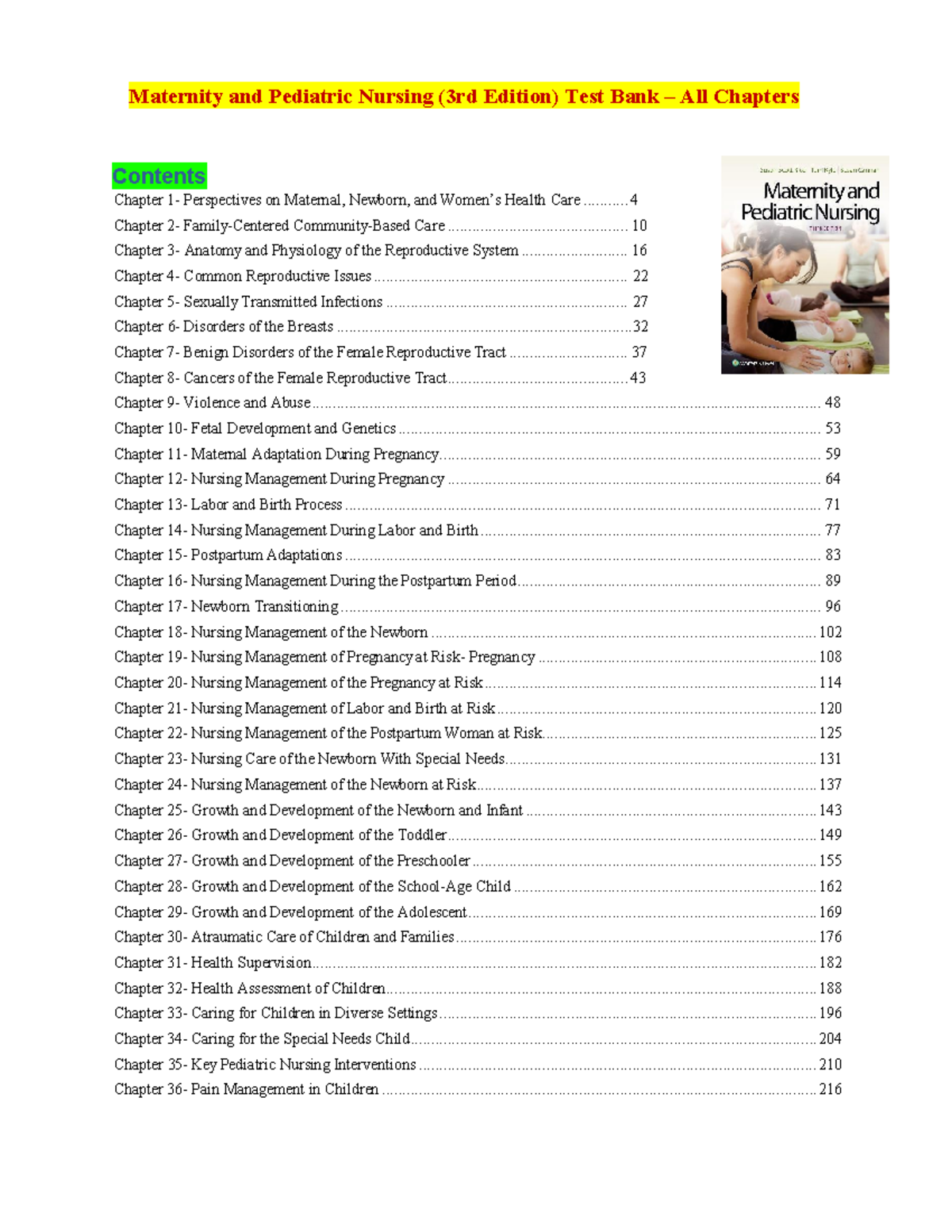 Maternity and Pediatric Nursing 3rd Edition Test Bank Studocu