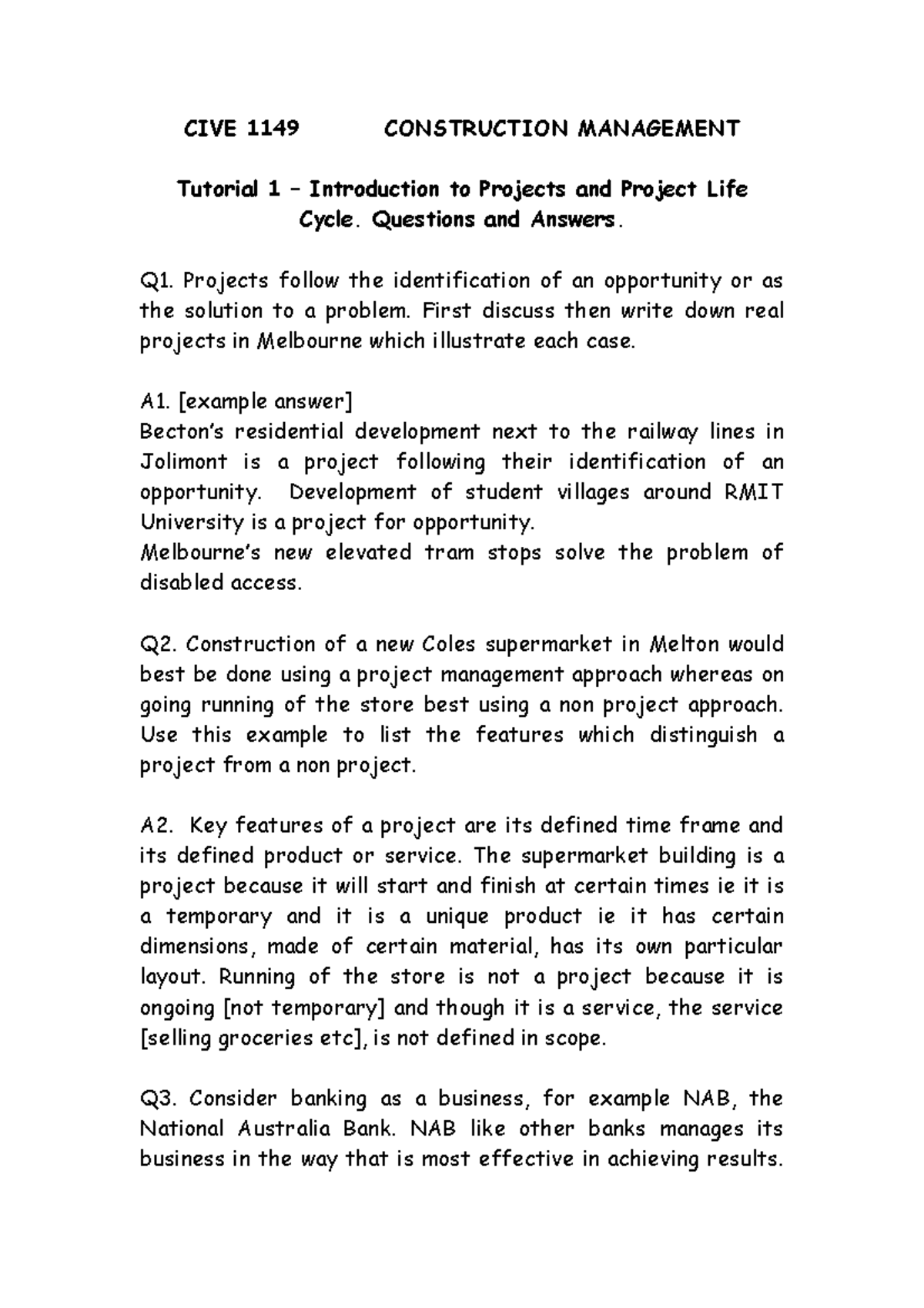 Week+1+Tutorial+Answers - CIVE 1149 CONSTRUCTION MANAGEMENT Tutorial 1 ...