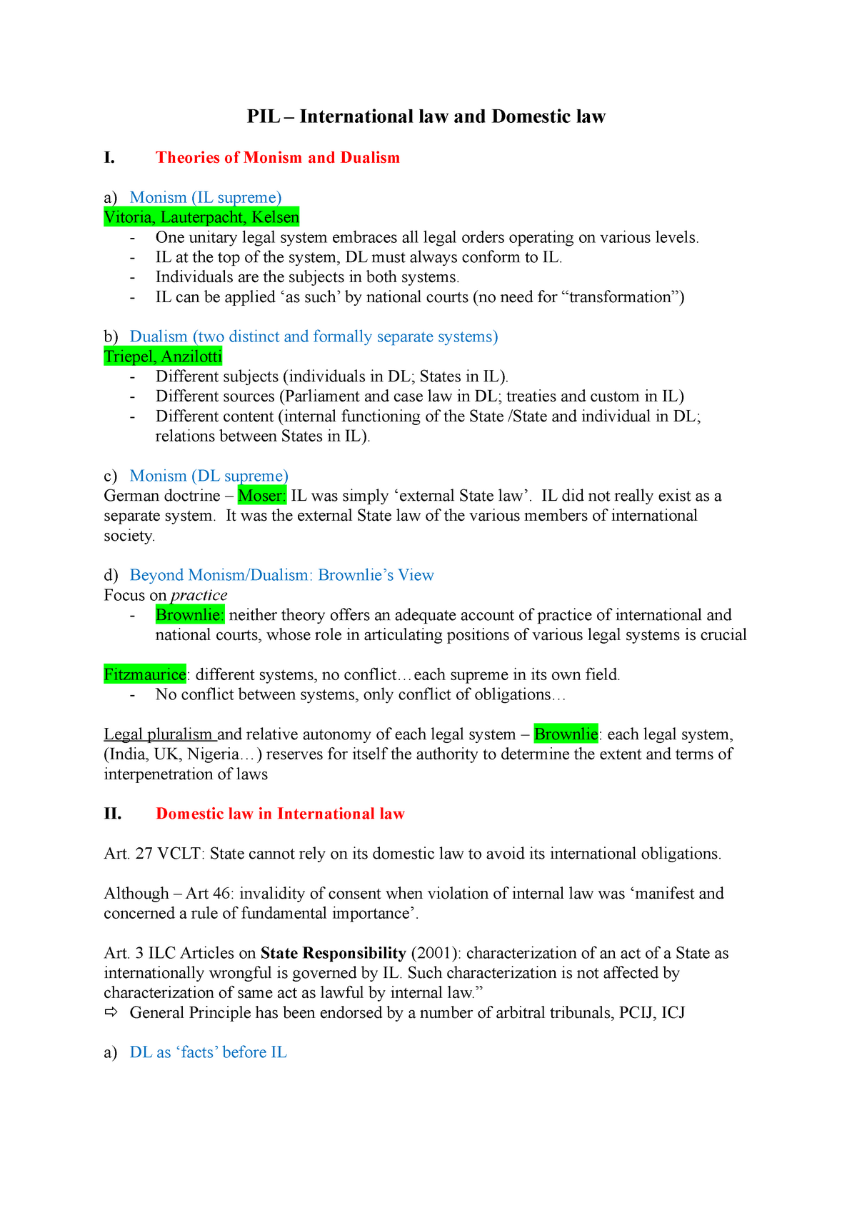 International law and domestic law - Theories of Monism and