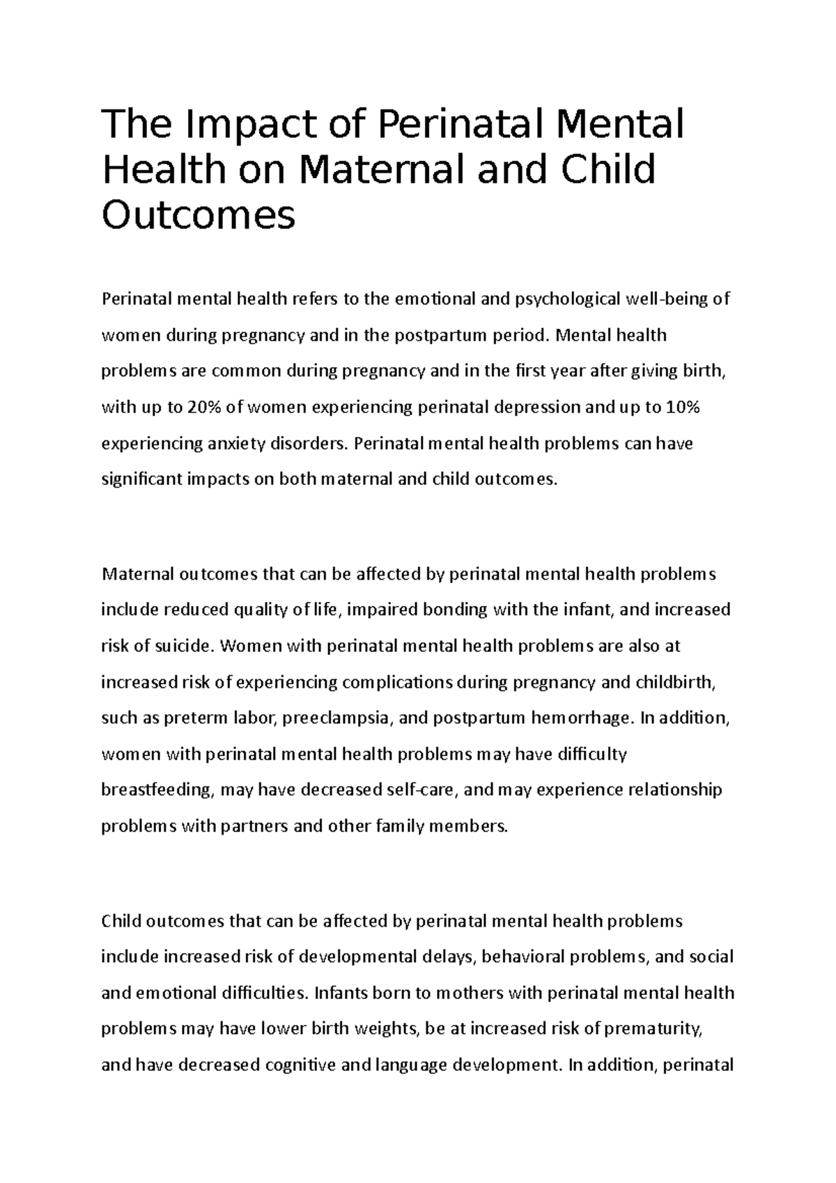 The Impact of Perinatal Mental Health on Maternal and Child Outcomes ...
