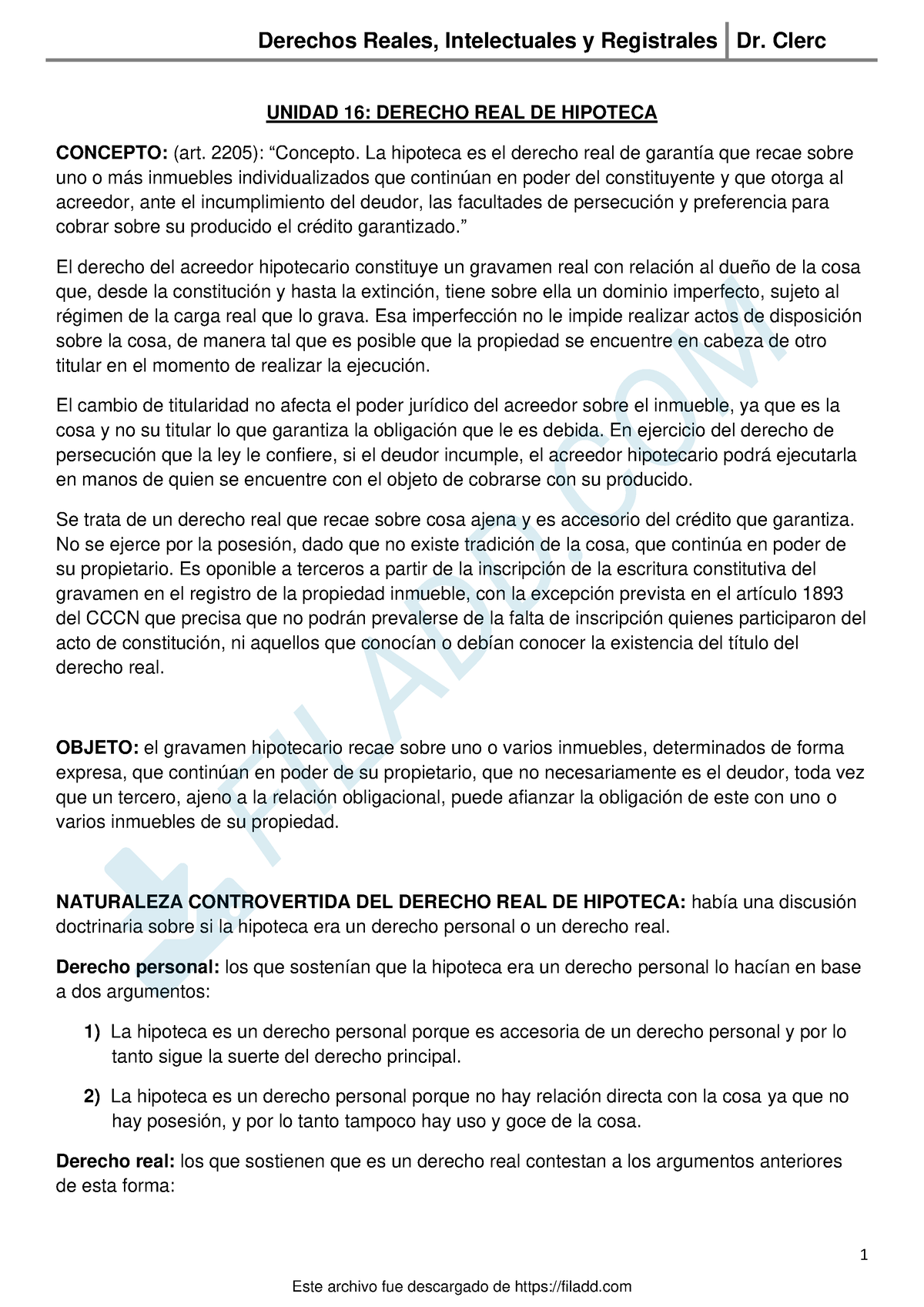 Unidad 16 Hipoteca - 1 UNIDAD 16: DERECHO REAL DE HIPOTECA CONCEPTO ...