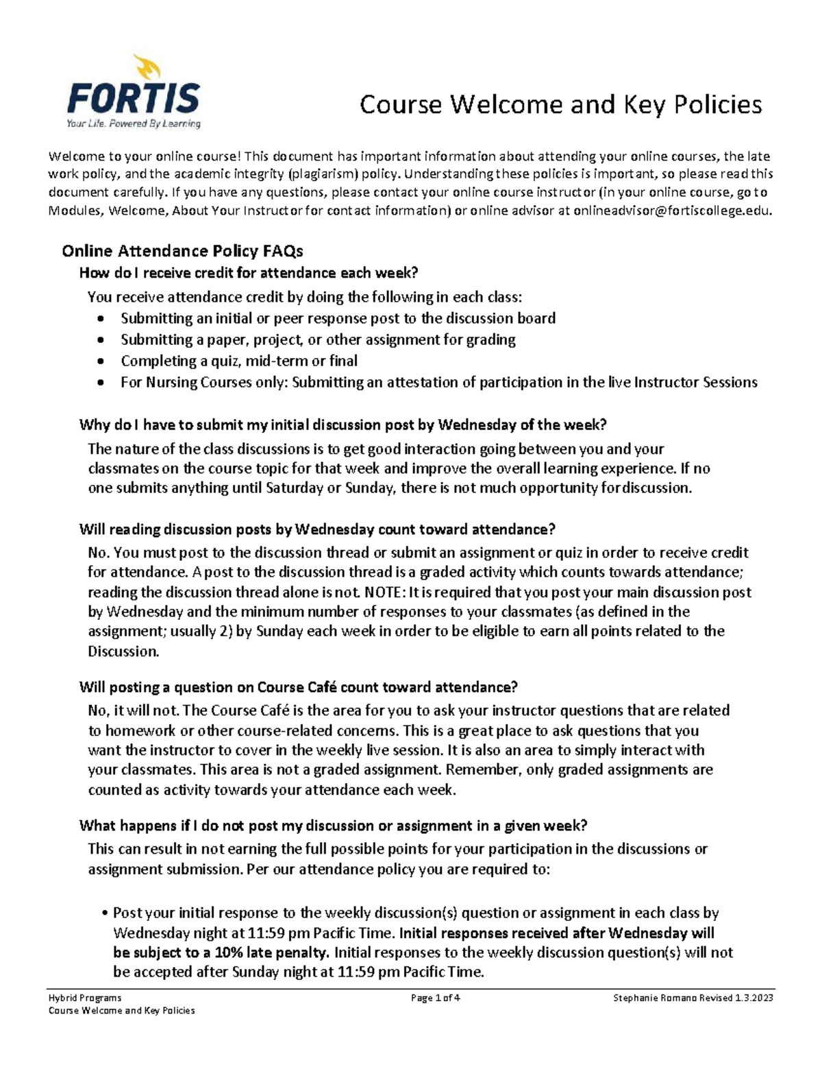 Course Welcome Academic Integrity and Policy - Hybrid Programs Page 1 ...