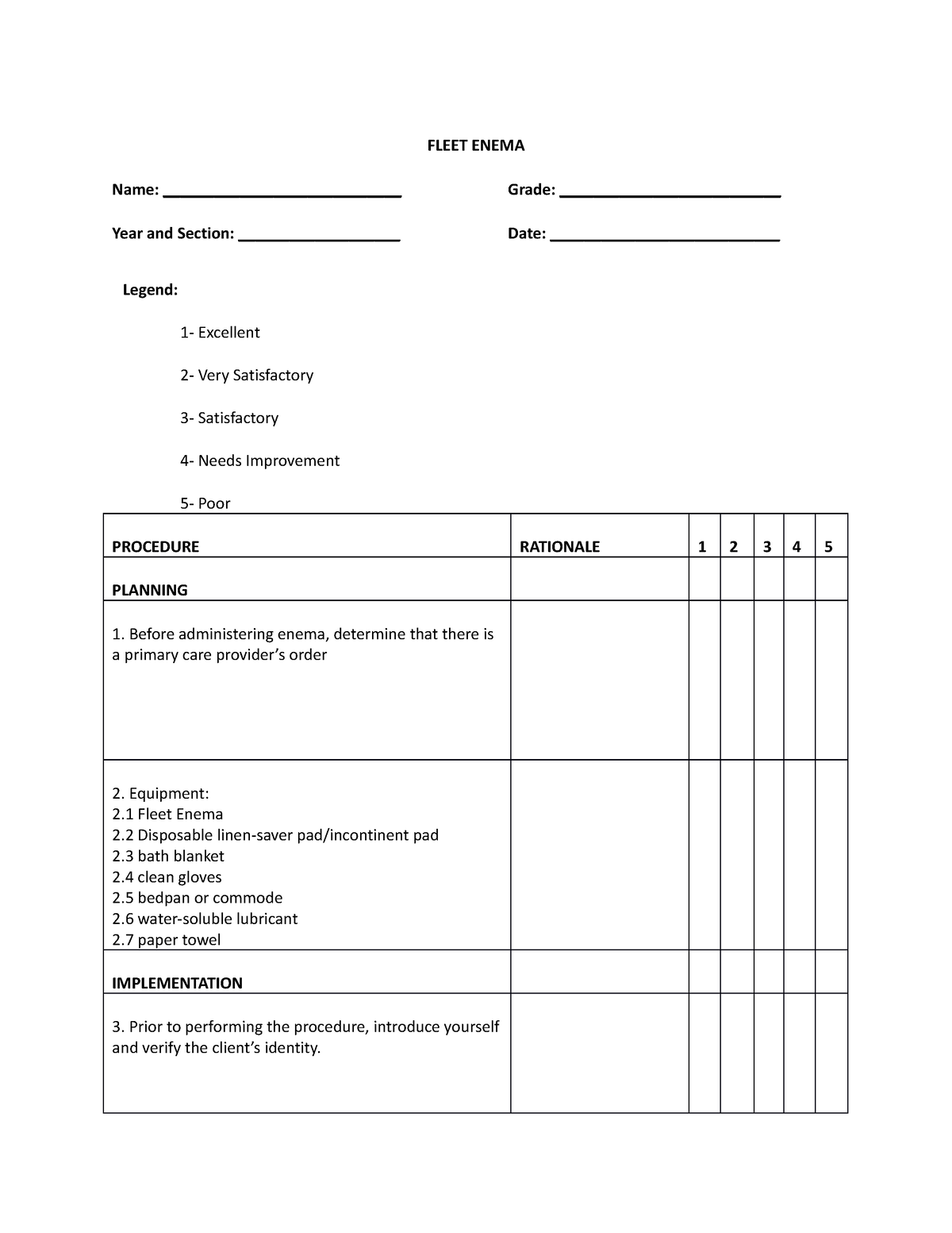 Fleet Enema - Checklist for student nurses. - FLEET ENEMA Name