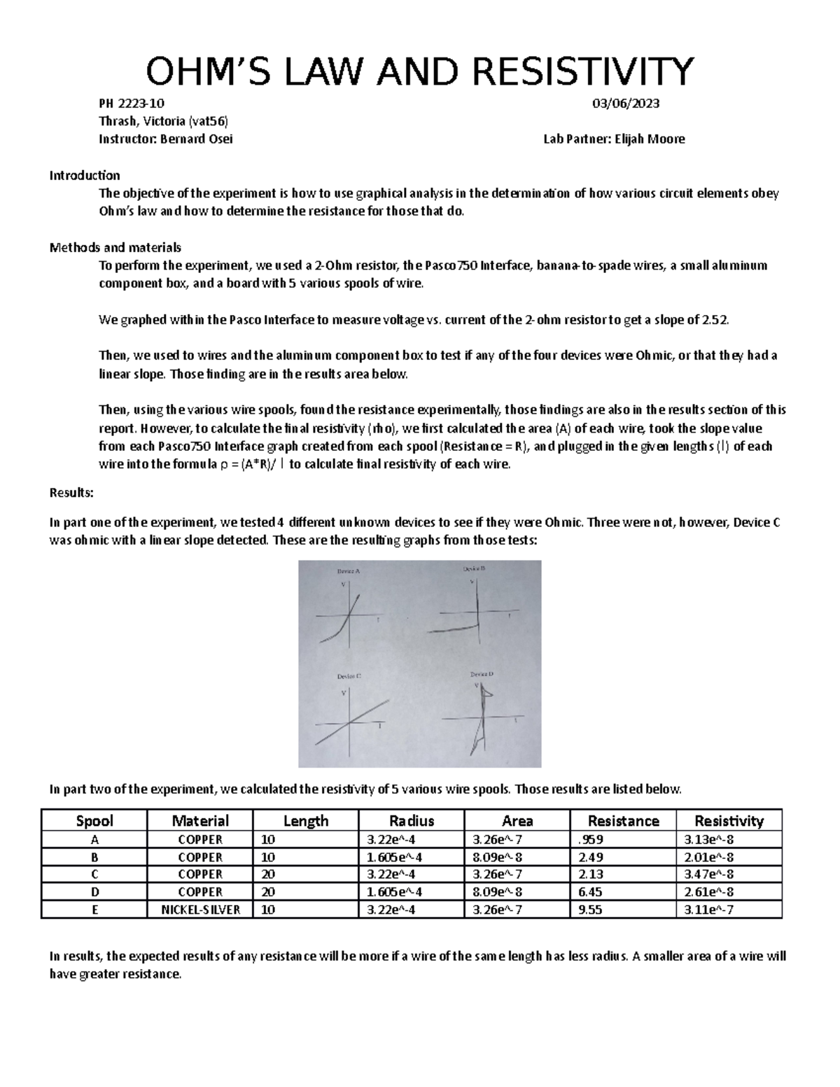 Lab5 Ohmslaw - Ohms Law Lab Report - OHM’S LAW AND RESISTIVITY PH 2223 ...