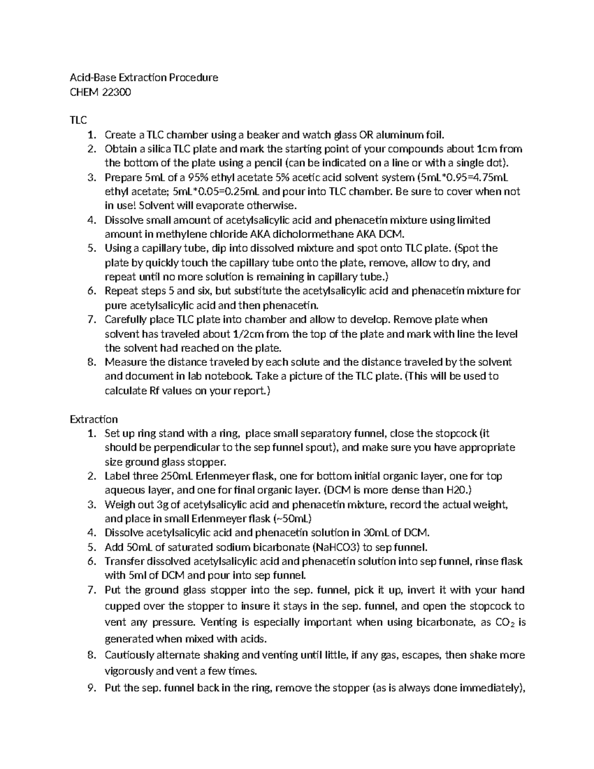 Acidbaseprotocol - Lab - Acid-Base Extraction Procedure CHEM 22300 TLC ...