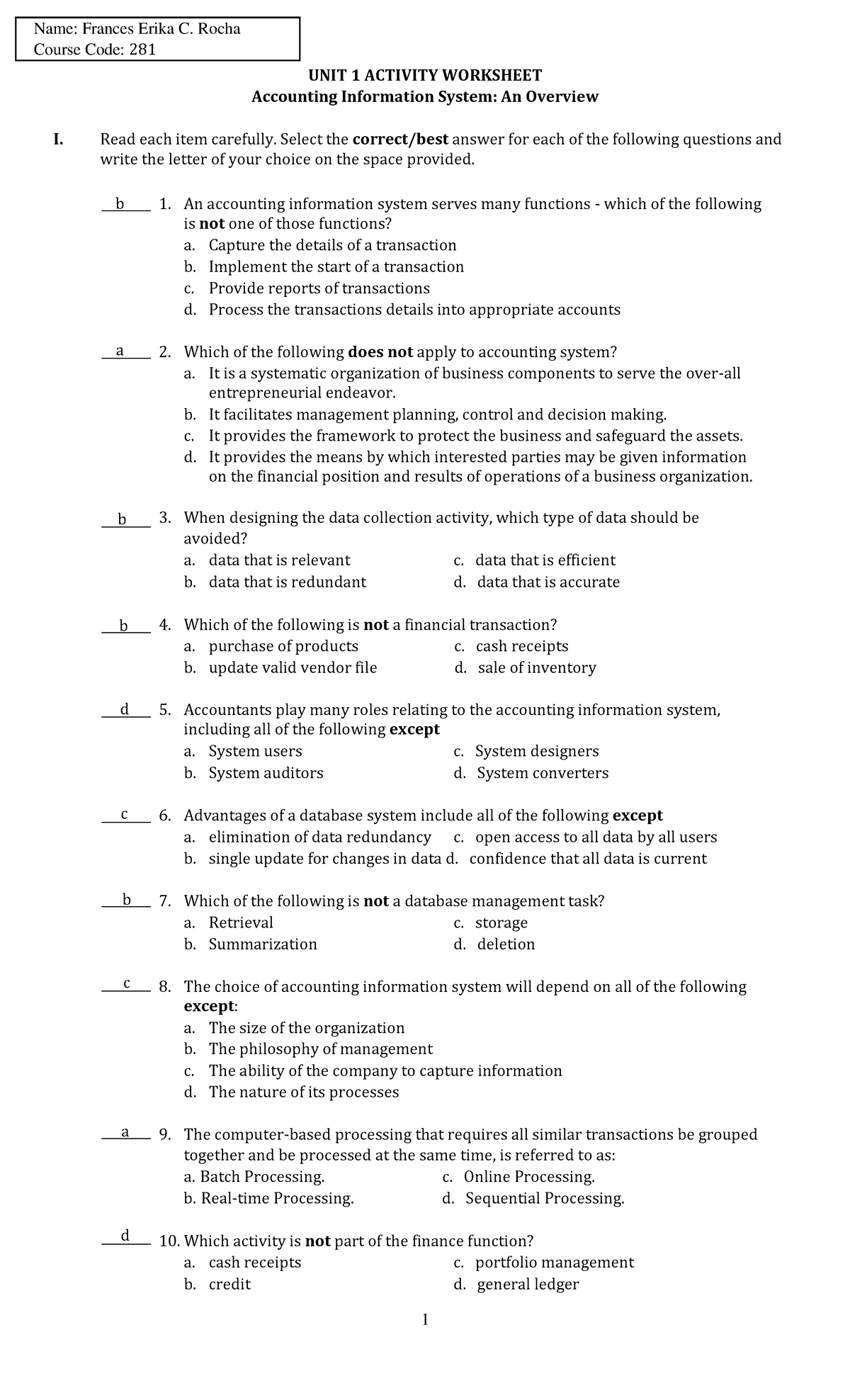 Acctsys Unit 1 Worksheets - 1 Name: Frances Erika C. Rocha Course Code ...