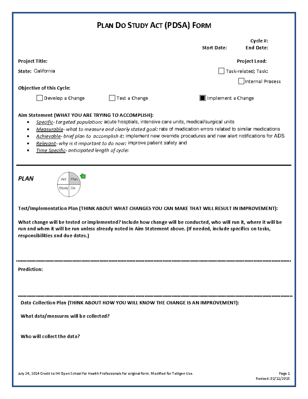 Pdsa-form - week overview - PLAN DO STUDY ACT (PDSA) FORM Cycle ...