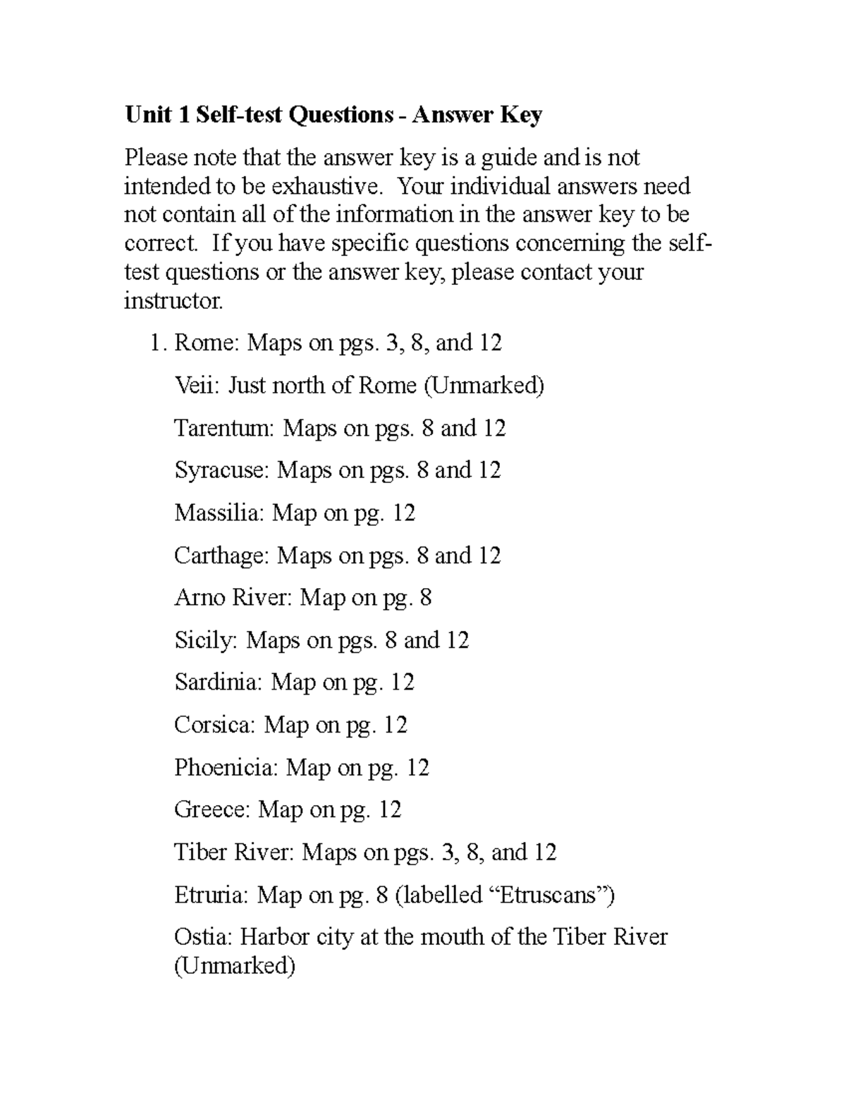 Unit 1 Answer Key Unit 1 Self test Questions Answer Key Please Note