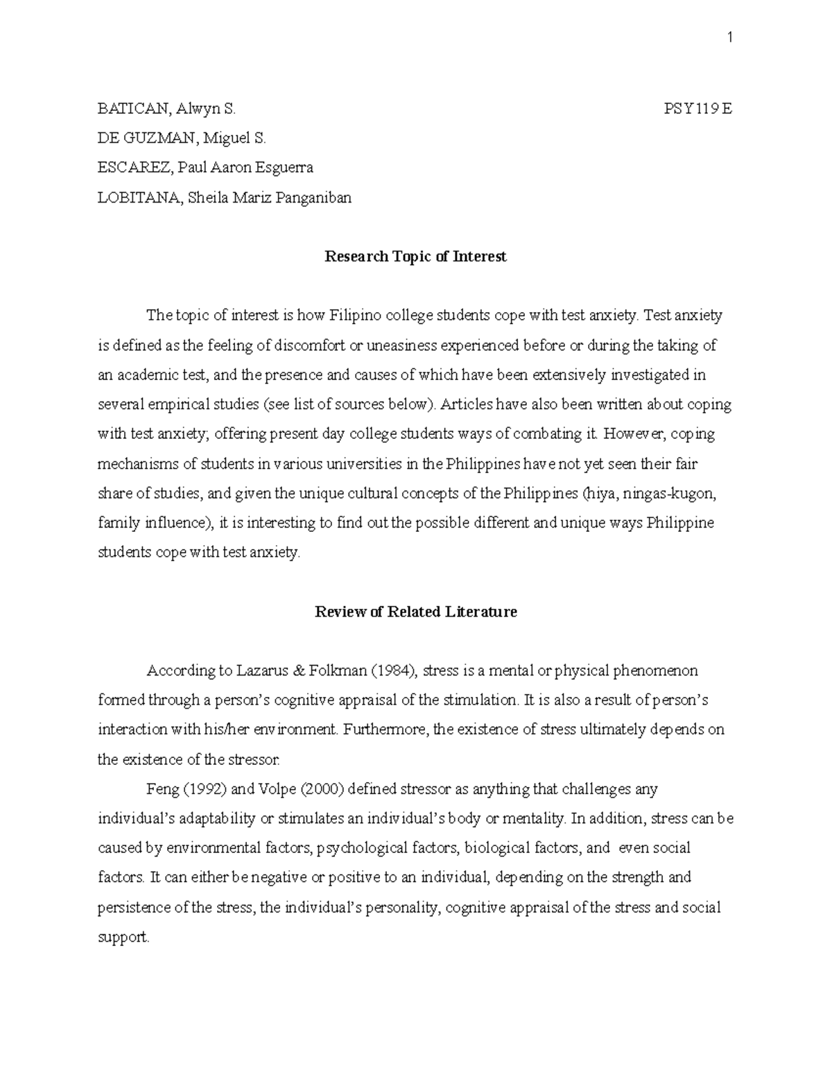 Test Anxiety Review of Related Literature 2 Research Methods ANTEO