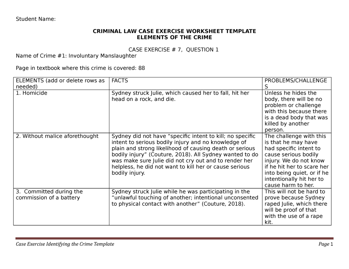 Criminal Law case exercise 7 question 1 Student Name: CRIMINAL LAW