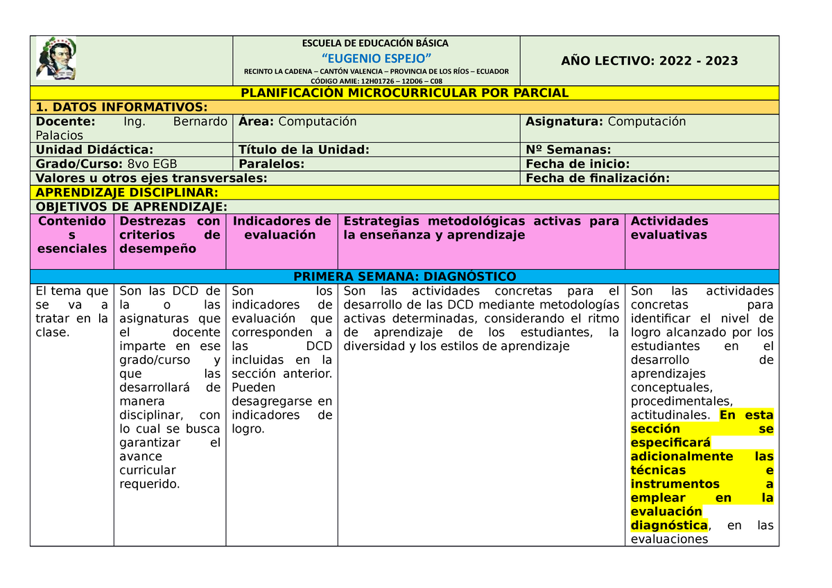 Planificaciones Para Trabajar 2022 2023 Escuela De EducaciÓn BÁsica “eugenio Espejo” Recinto 7307