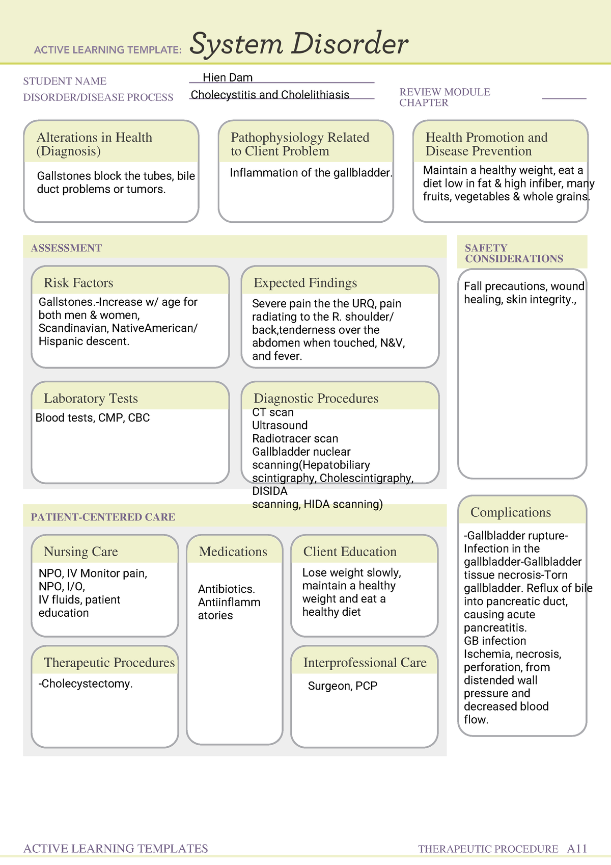 System Disorder Cholecystitis 1 form - STUDENT NAME DISORDER/DISEASE ...