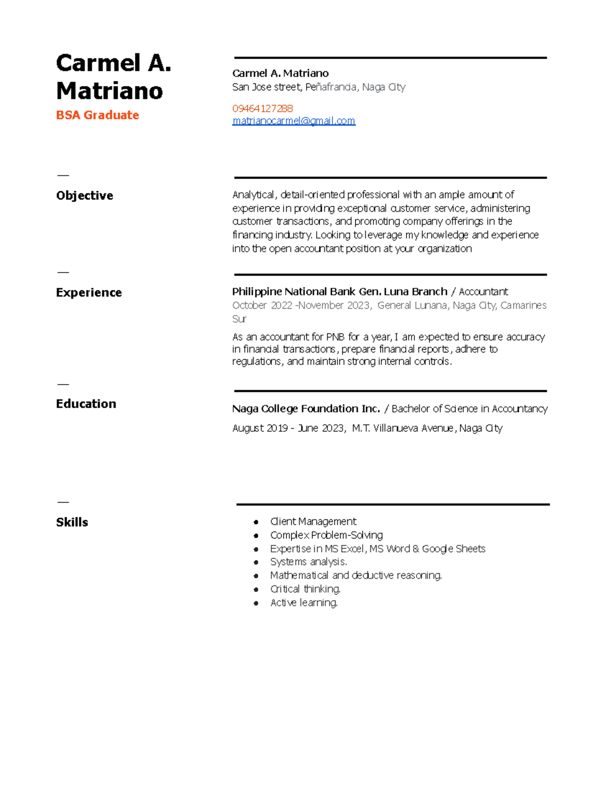 Resume - Carmel A. Matriano BSA Graduate Carmel A. Matriano San Jose ...