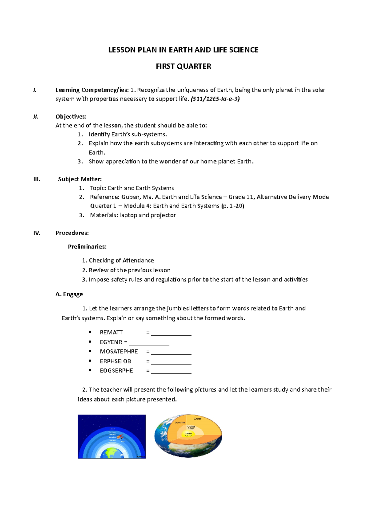 Earth And Life Science Lesson Plan Quarter 2