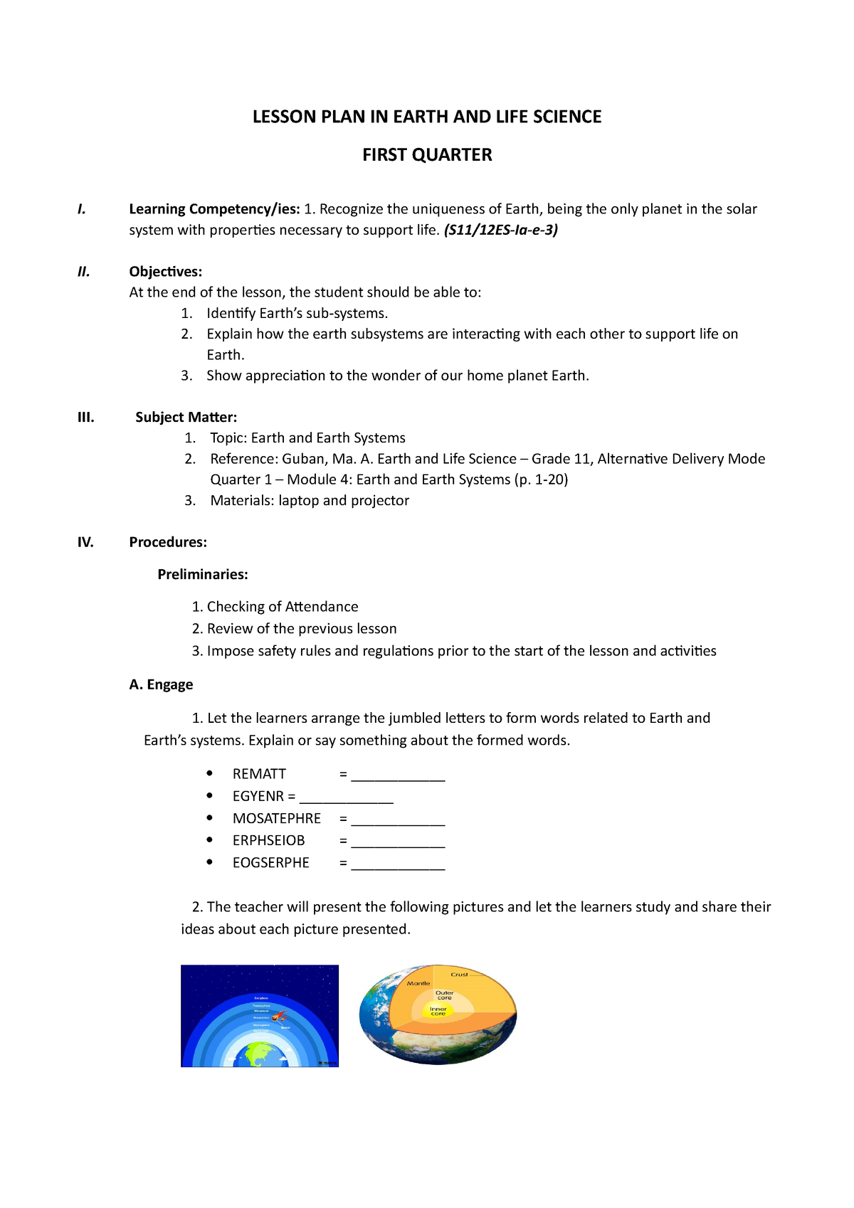 Lesson PLAN IN Earth AND LIFE Science LESSON PLAN IN EARTH AND LIFE 