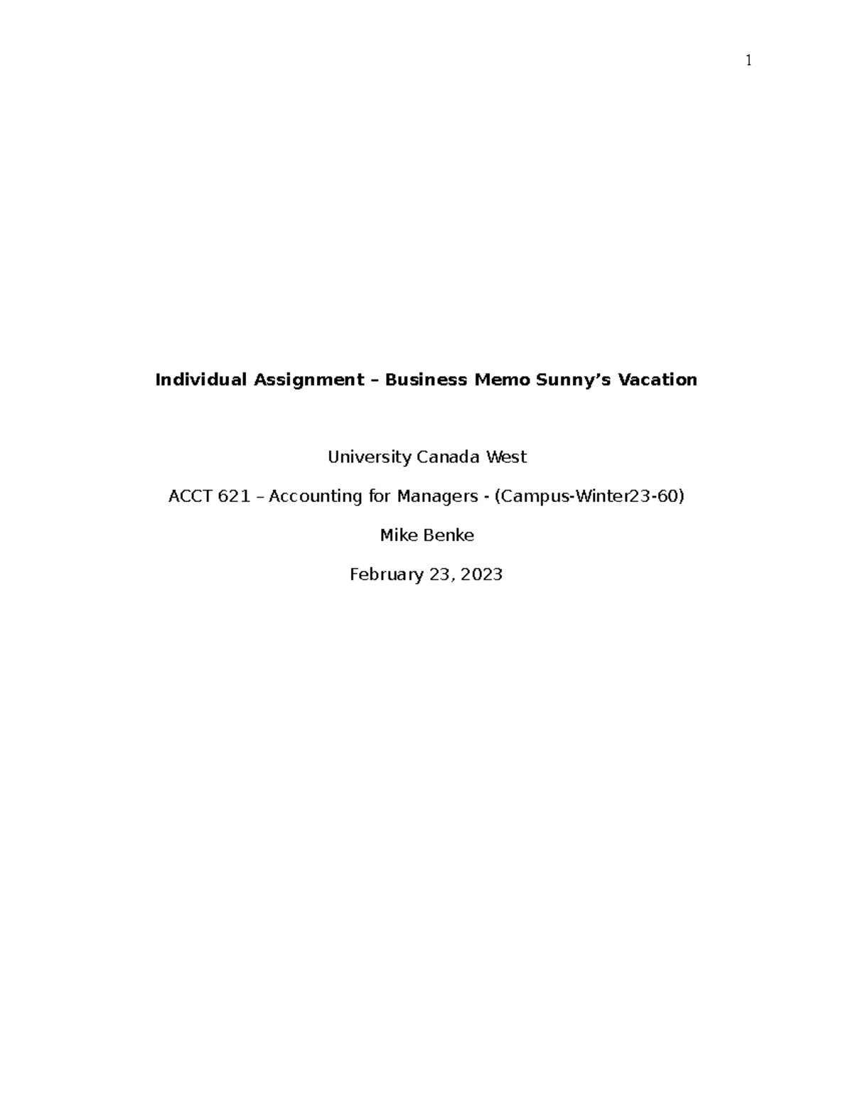 Individual Assigment Business Memo - Accounting - Individual Assignment ...