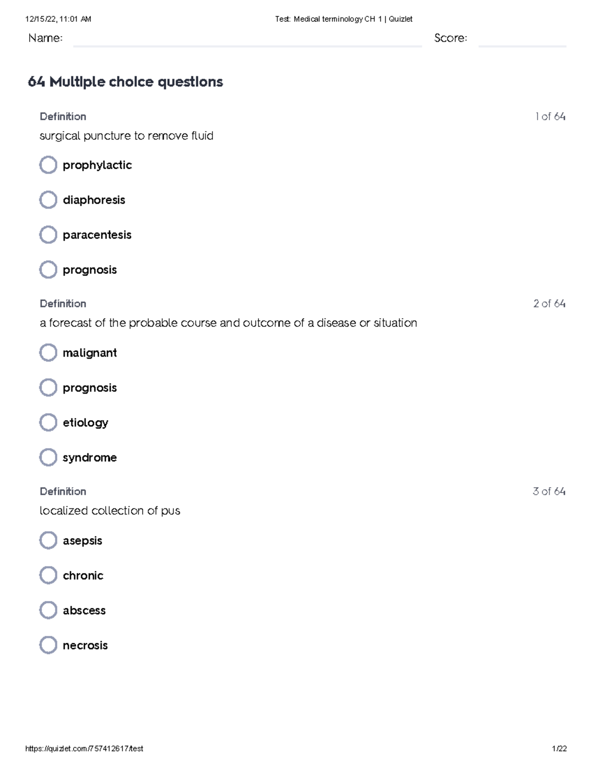 Test Medical Terminology CH 1 Quizlet - Name: Score: 64 Multiple Choice ...