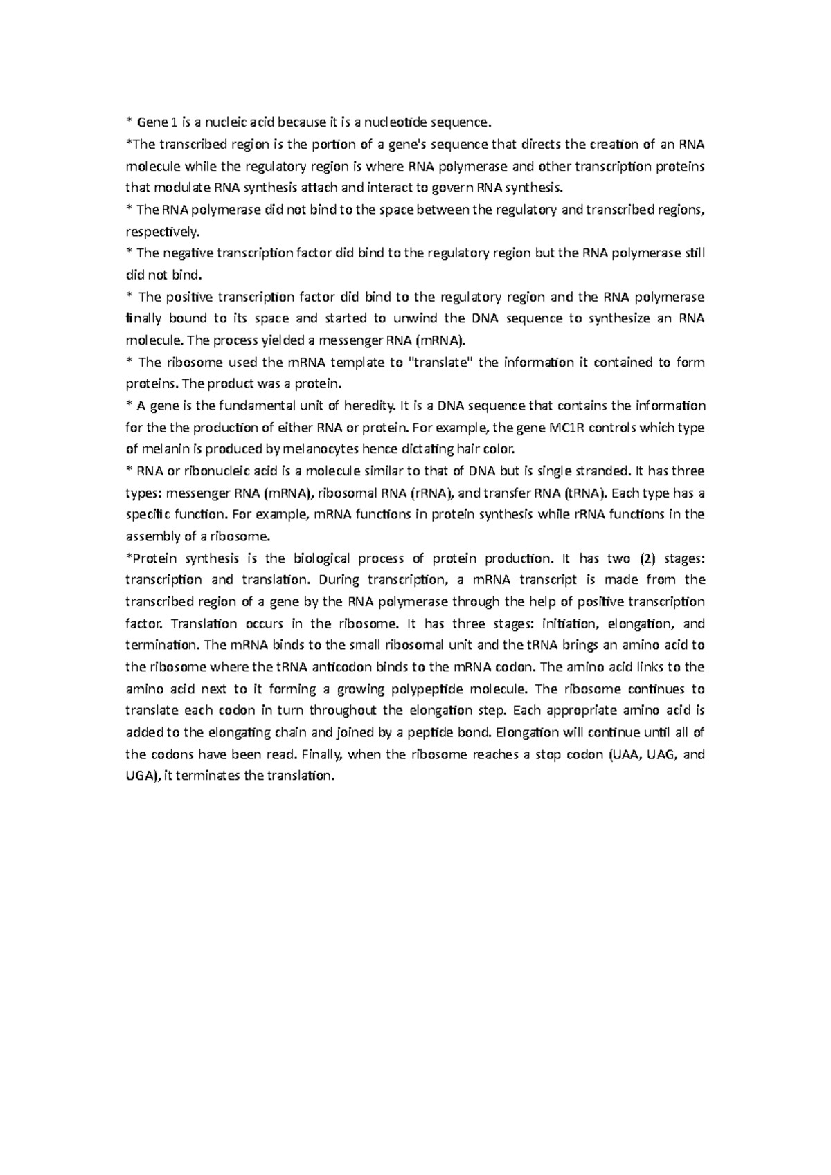 Protein Synthesis PHET answers Gene 1 is a nucleic acid because it is