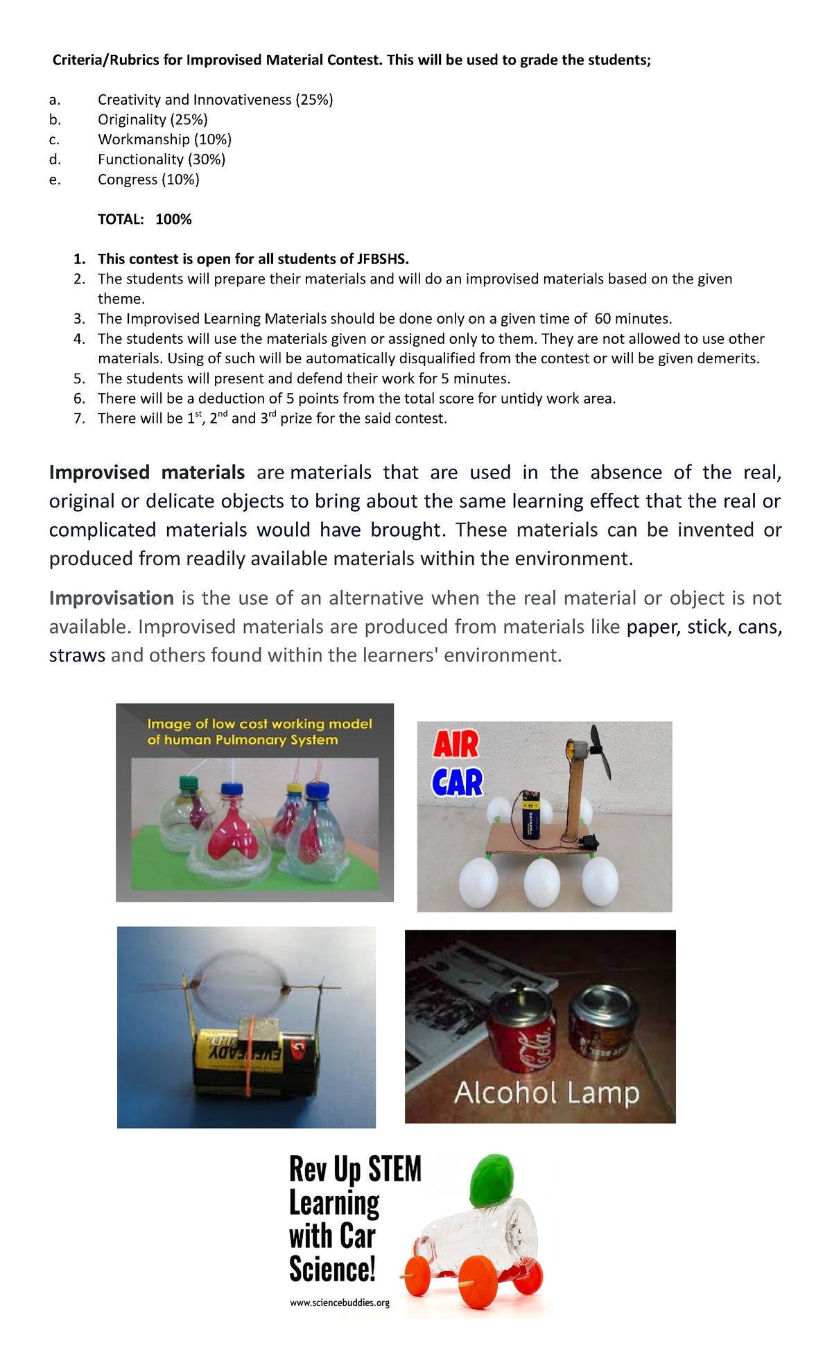Improvisation Criteria/Rubrics for Improvised Material Contest. This will be used to grade the