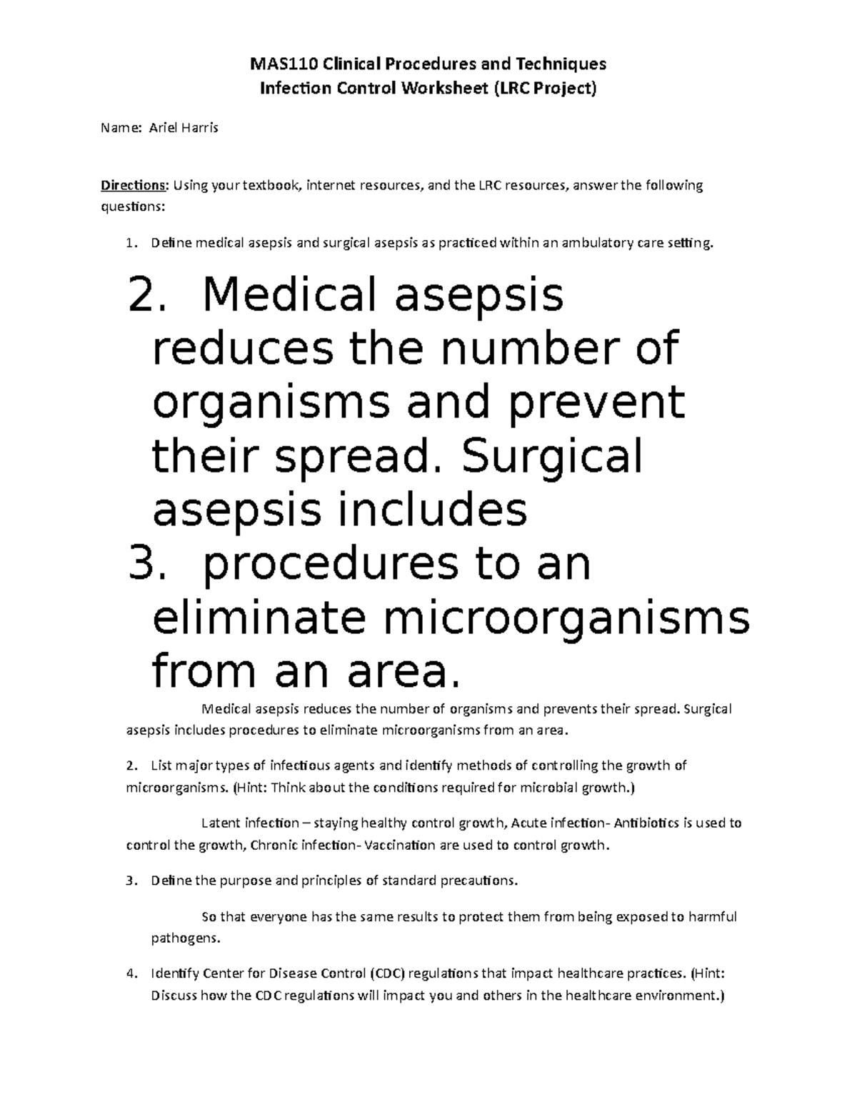 MAS110 Week 1 Infection Control Worksheet (1) MAS110 Clinical