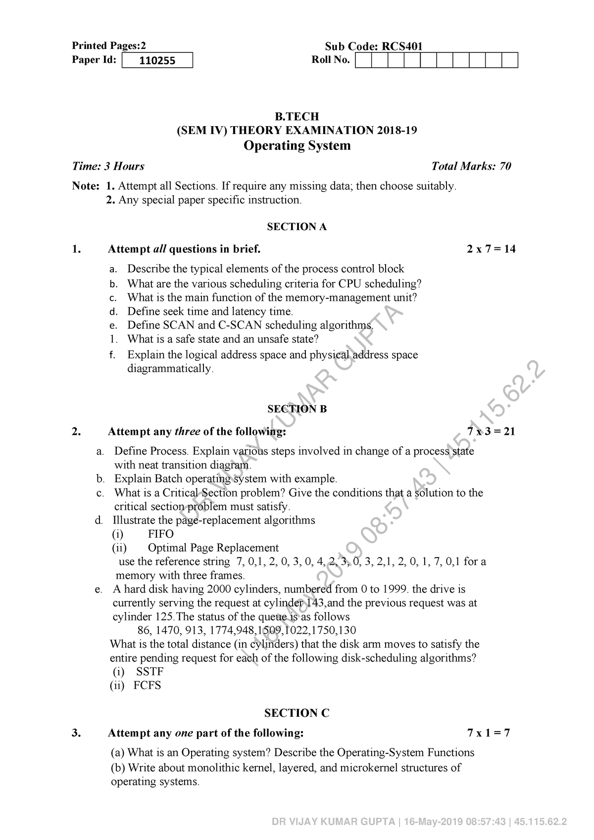 Operating System RCS 401 - DR VIJAY KUMAR GUPTA | 16-May-2019 08:57:43 ...