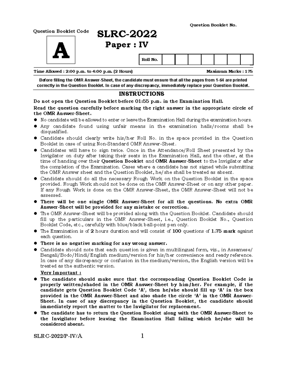 ADRE 2022 Paper Degree Level Paper IV SET A - SLRC-2022/P-IV/A 1 Roll ...