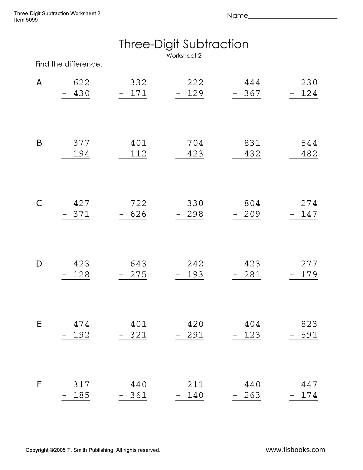 Three digit subtraction 2 - Name_________________________ tlsbooks Find ...