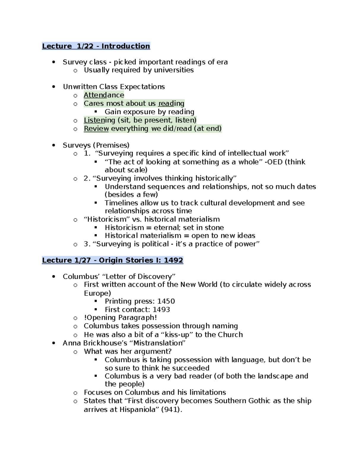 Jan Feb Lecture Notes - Lecture 1/22 - Introduction Survey class ...