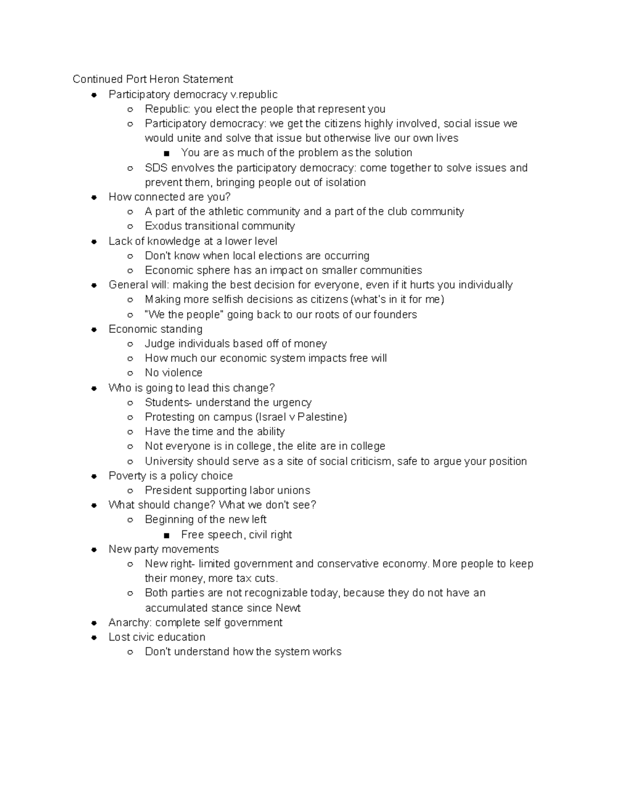 Class Notes Port Huron Statement Continued Port Heron Statement Participatory democracy v