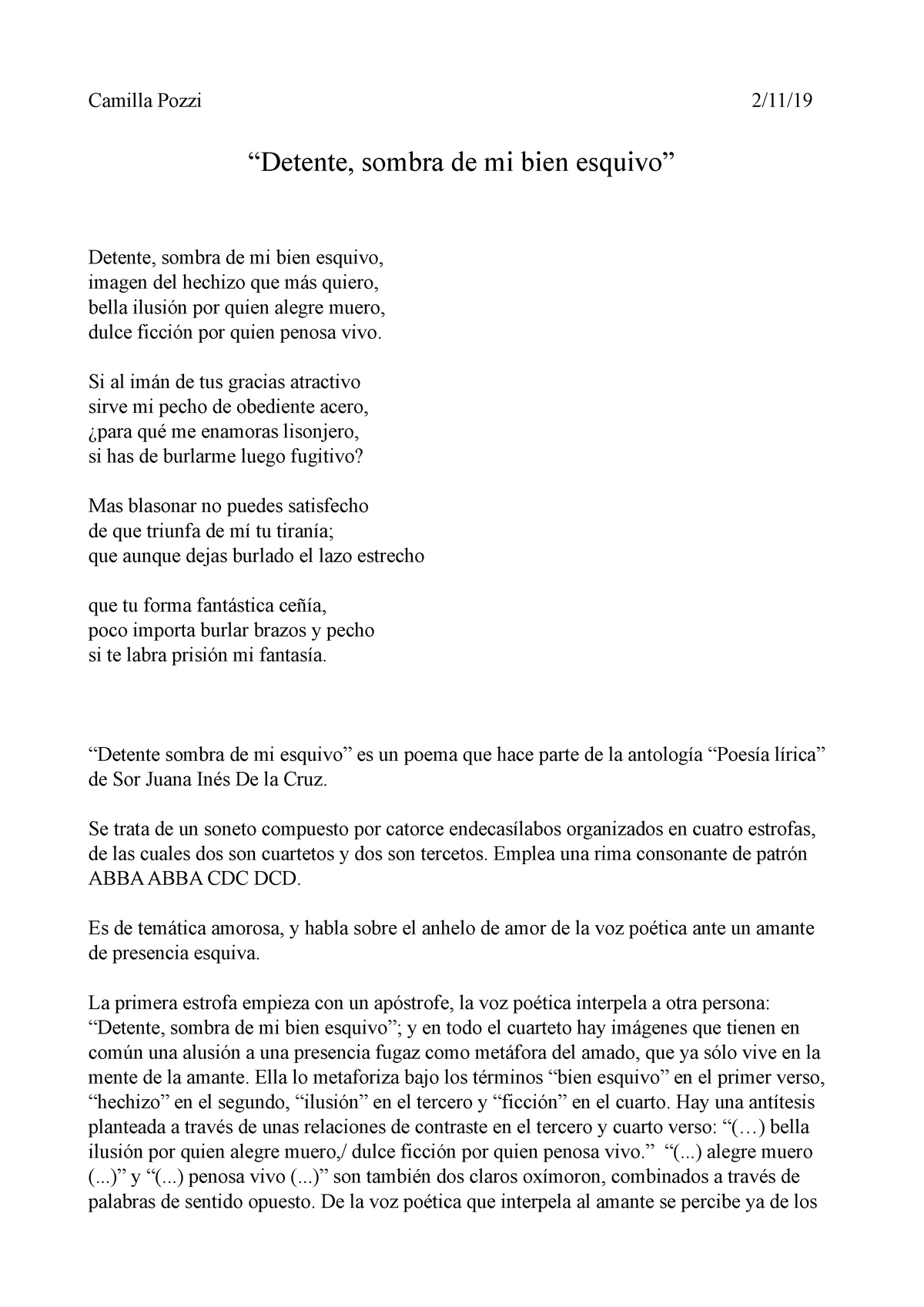 Desempleados Determinar con precisión escena PDF def Sor Juana - Camilla Pozzi 2/11/ “Detente, sombra de mi bien  esquivo” Detente, sombra de mi - Studocu