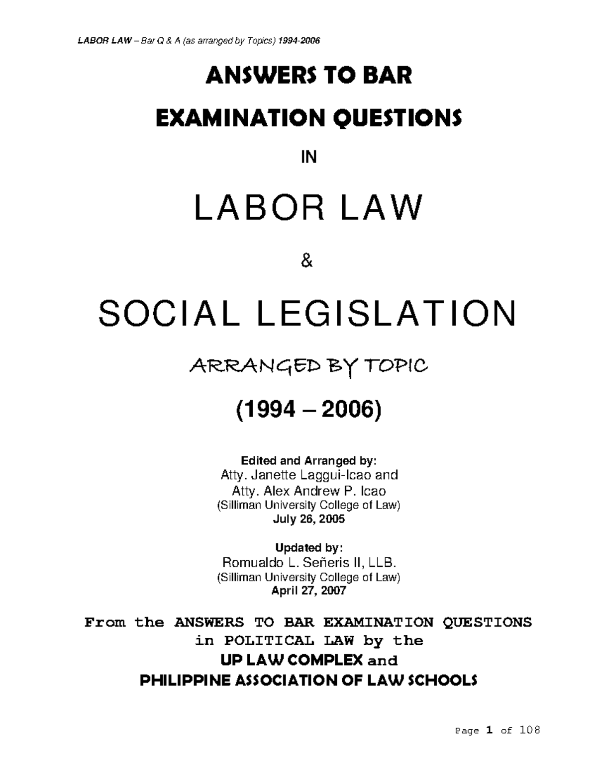 Labor Law Bar Suggested Answers 19942006 ANSWERS TO BAR EXAMINATION