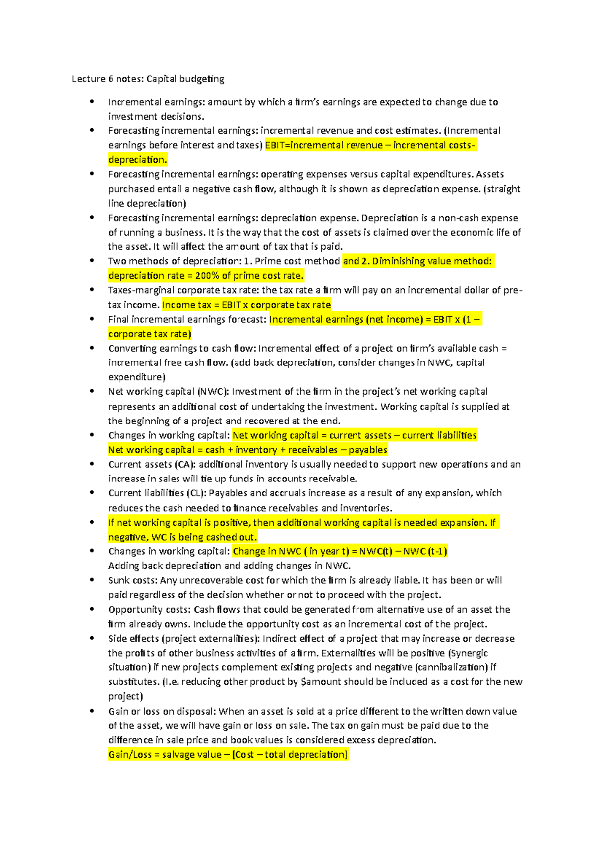 Lecture 6 notes - Lecture 6 notes: Capital budgeting Incremental - Studocu