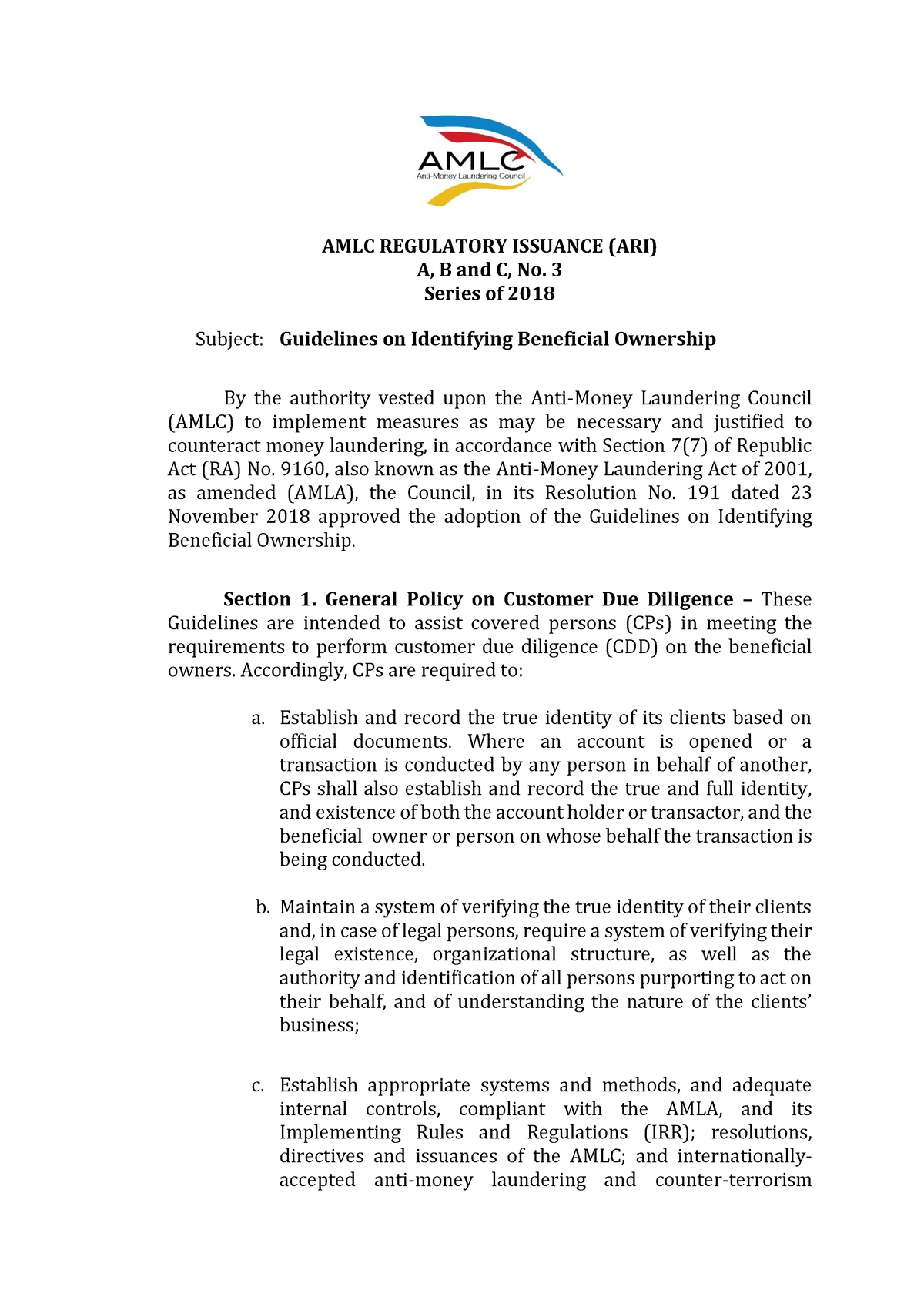 Guidelines On Identifying Beneficial Ownership - AMLC REGULATORY ...