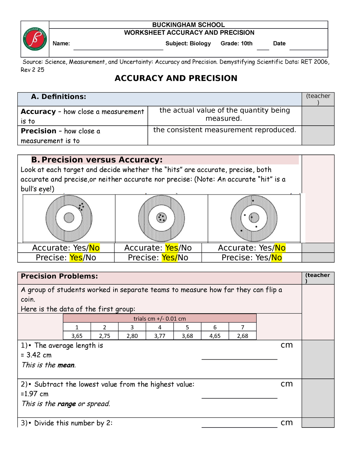 Topic 10-Accuracy worksheet virtual 21021 - Química general - 10 Intended For Accuracy Vs Precision Worksheet