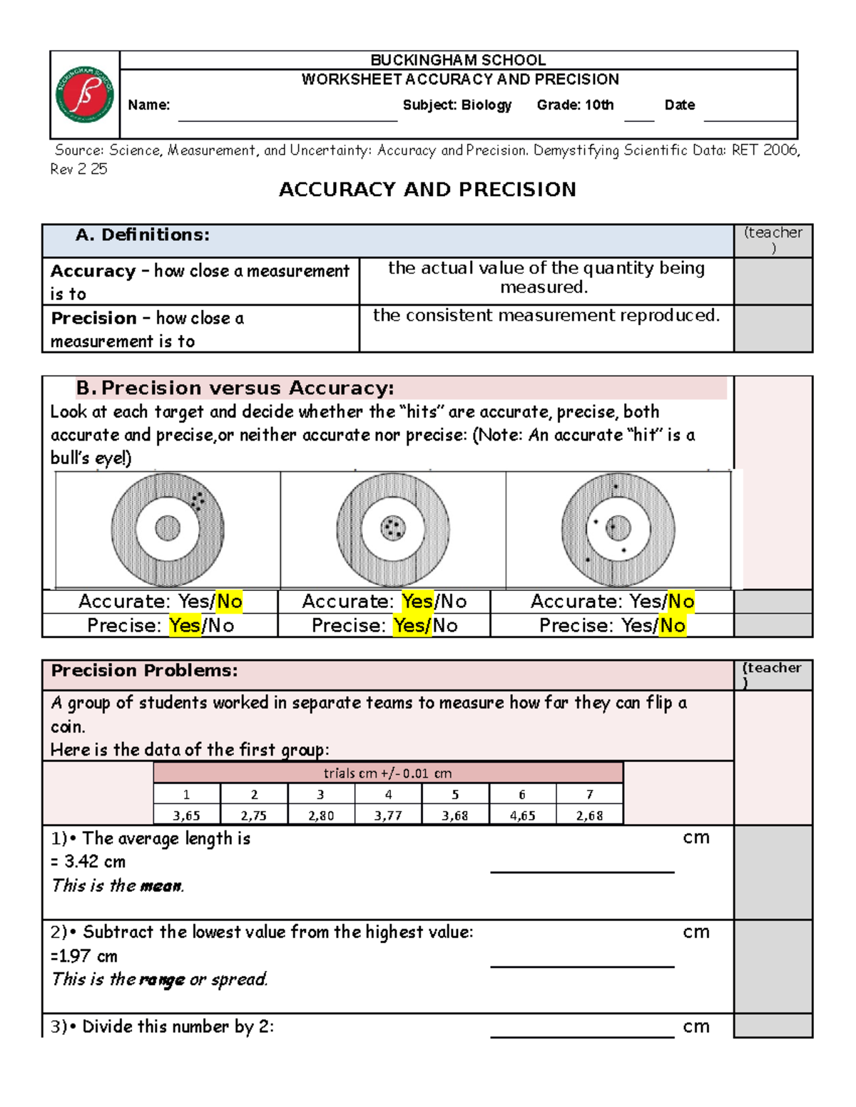 Topic 0 Accuracy Worksheet Virtual 2021 BUCKINGHAM SCHOOL WORKSHEET